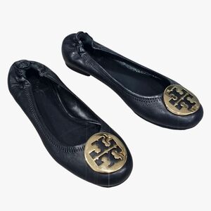 TORY BURCH Reva Black Leather Gold Medallion Logo Ballet Flats 7M